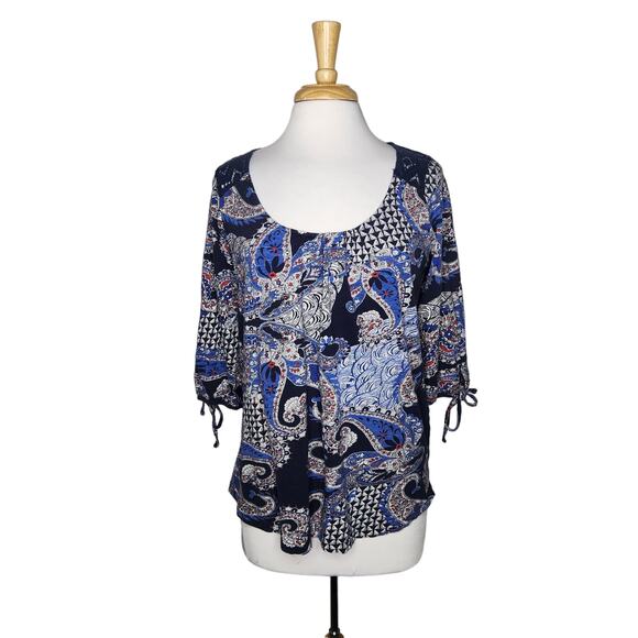 Lucky Brand Blue Paisley Crochet Lace Button Down Back Blouse Size XL - Picture 1 of 10